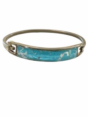 Vintage Mexican Alpacca Blue Fire Opal Mosaic Inlay Hinged Bangle Bracelet